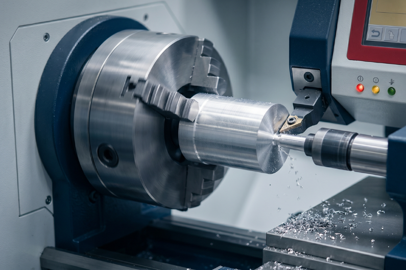 Opération de décolletage de précision sur aluminium avec un tour à commande numérique de l'entreprise Jacquemoux