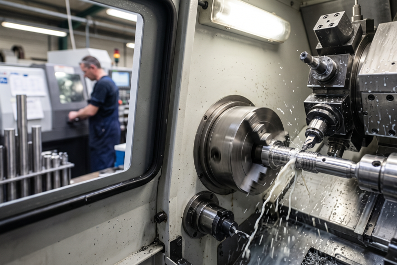 Machine de décolletage en action sur de l'inox
