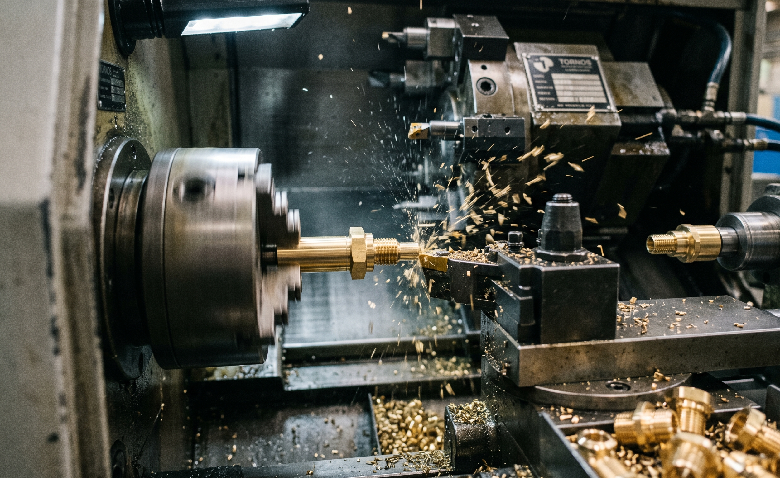 Machine de décolletage en action sur du laiton