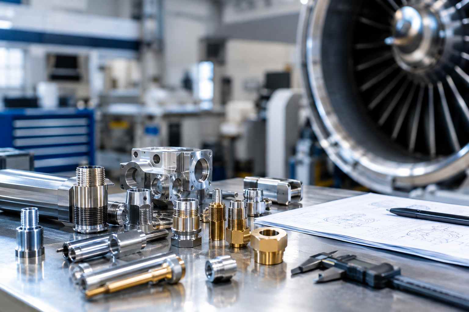 Pièces métalliques de précision usinées pour l’aéronautique sur un établi industriel
